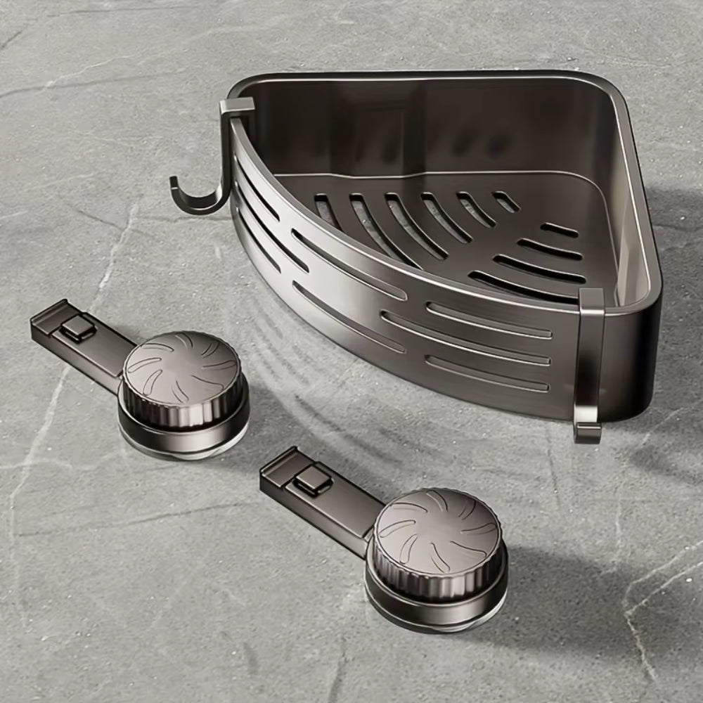 Triangular Space-Saving Suction Cup Bathroom Storage Shelf No Drilling Required Multifunctional Storage Organizer with Hooks