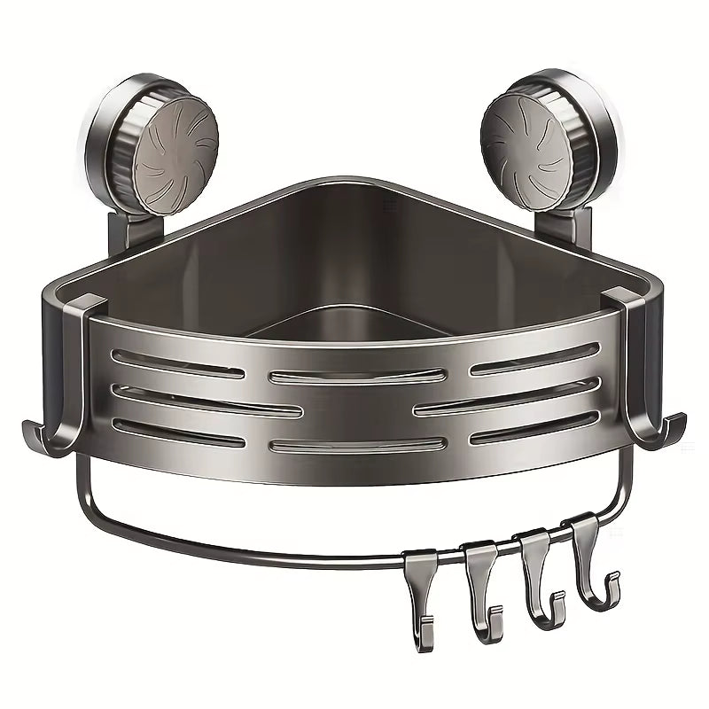 Triangular Space-Saving Suction Cup Bathroom Storage Shelf No Drilling Required Multifunctional Storage Organizer with Hooks