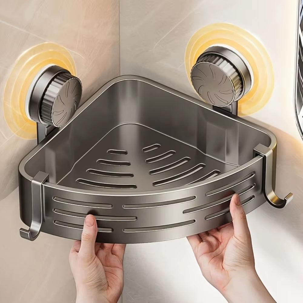 Triangular Space-Saving Suction Cup Bathroom Storage Shelf No Drilling Required Multifunctional Storage Organizer with Hooks